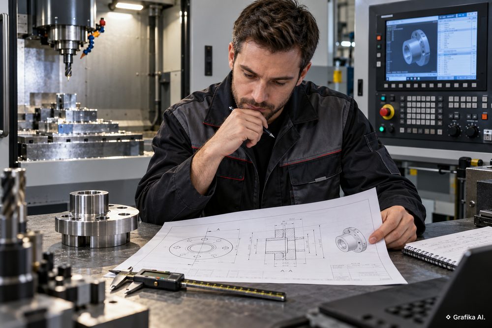Analiza rysunku technicznego przy stanowisku CNC – grafika AI