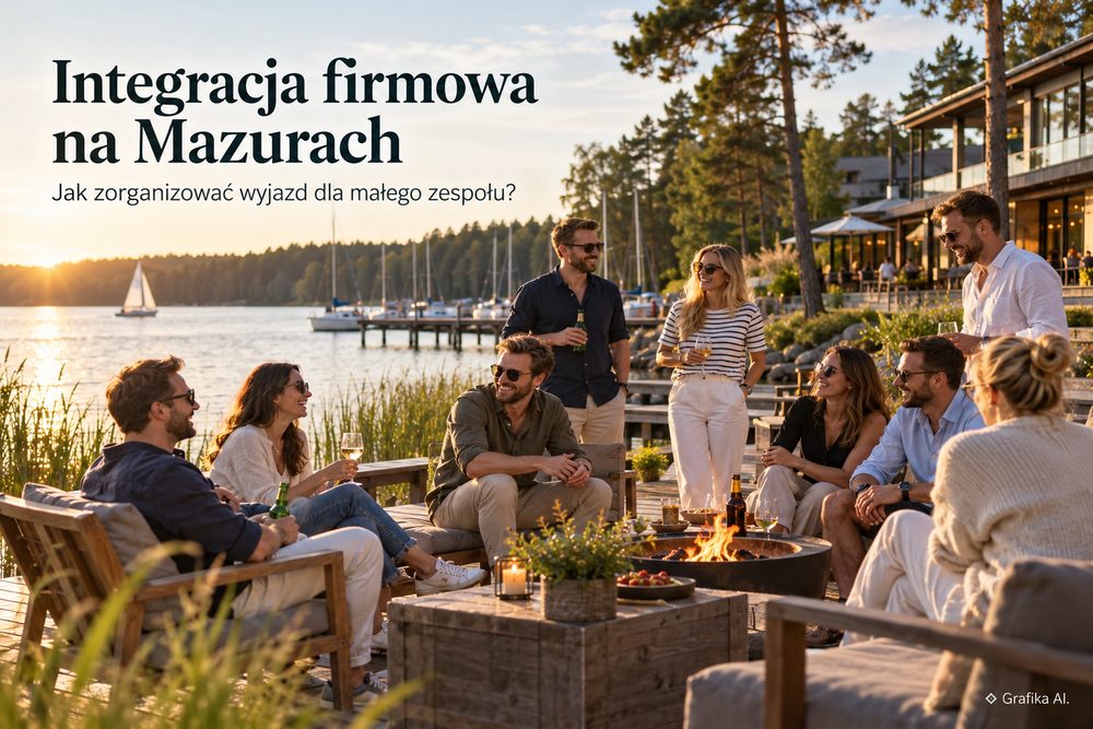 Mały zespół podczas spotkania integracyjnego przy ognisku nad jeziorem na Mazurach