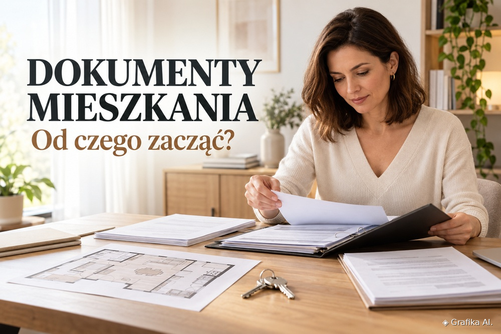 Kobieta porządkuje dokumenty mieszkania przed sprzedażą – grafika AI.
